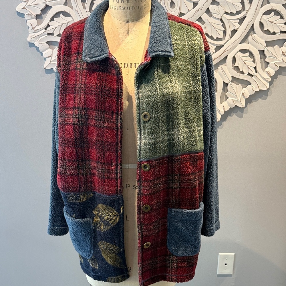 Vintage Koret City Blue Patchwork Plaid Fleece Bu… - image 2